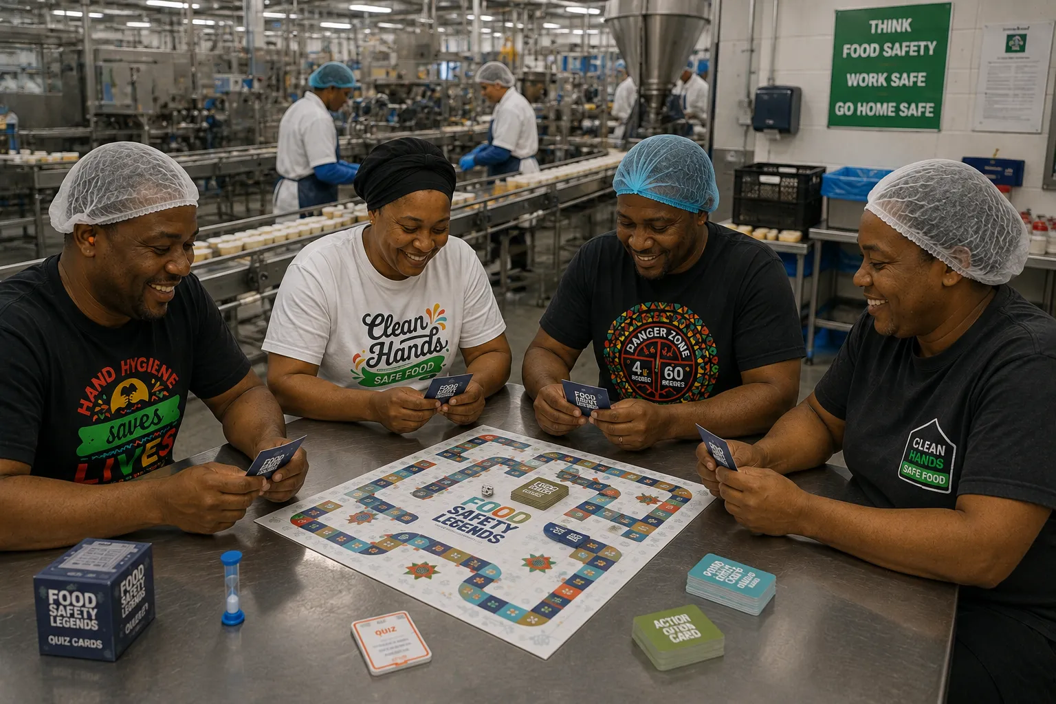 A food production team playing the Food Safety Legends board game on the factory floor