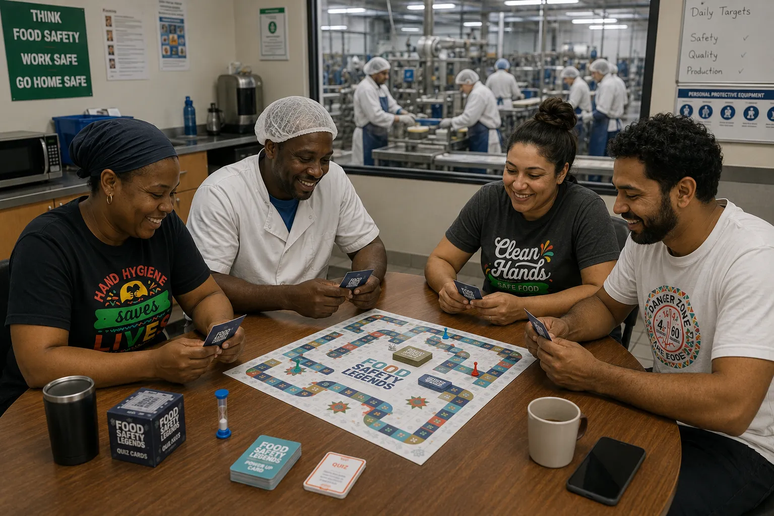 A food safety team playing Food Safety Legends together in a production facility break room