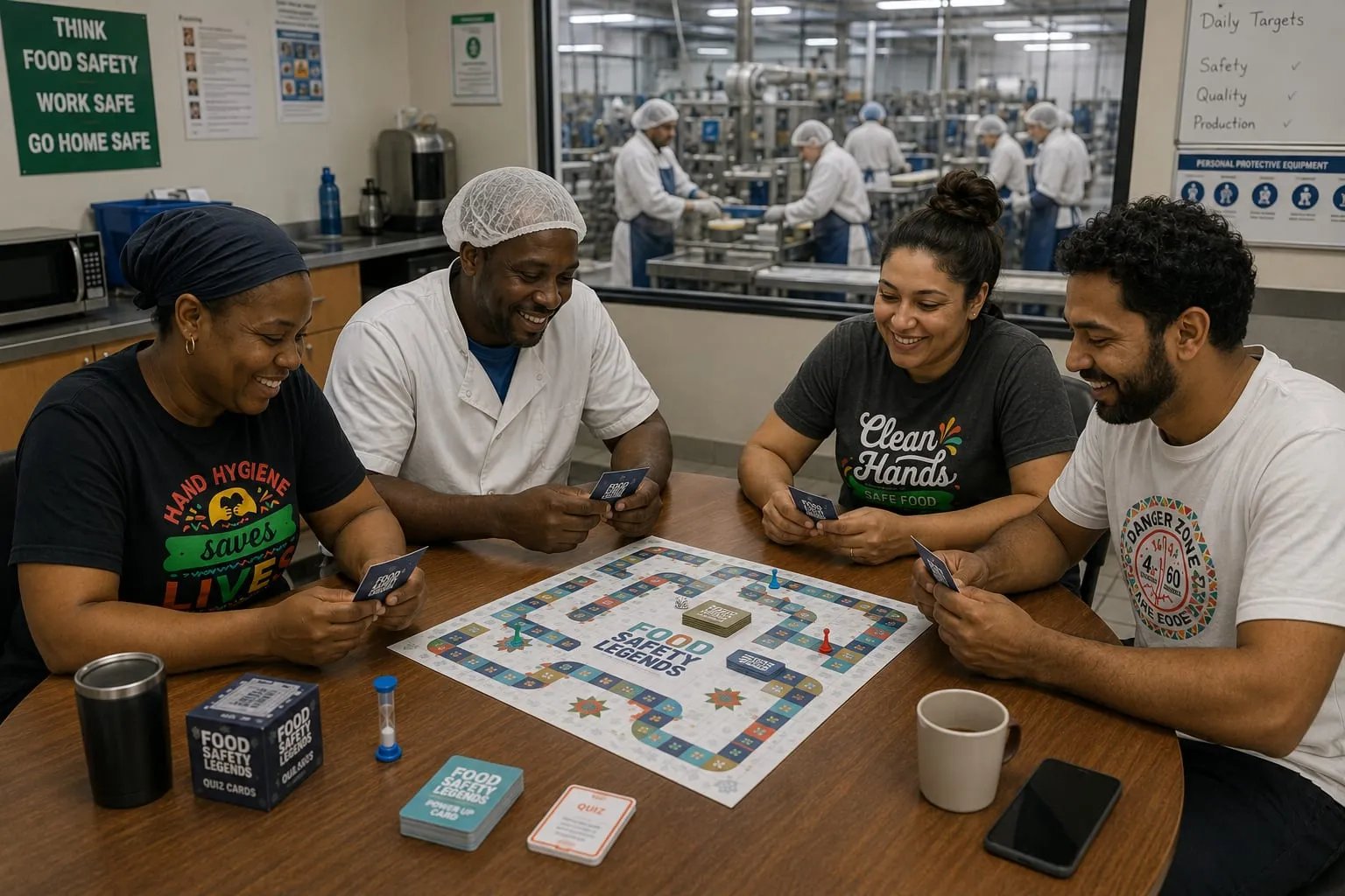 A food safety team playing Food Safety Legends together in a production facility break room